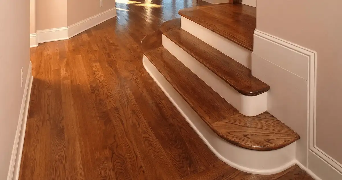 Base floor of a staircase with professionally restored wood flooring in Saint Petersburg FL