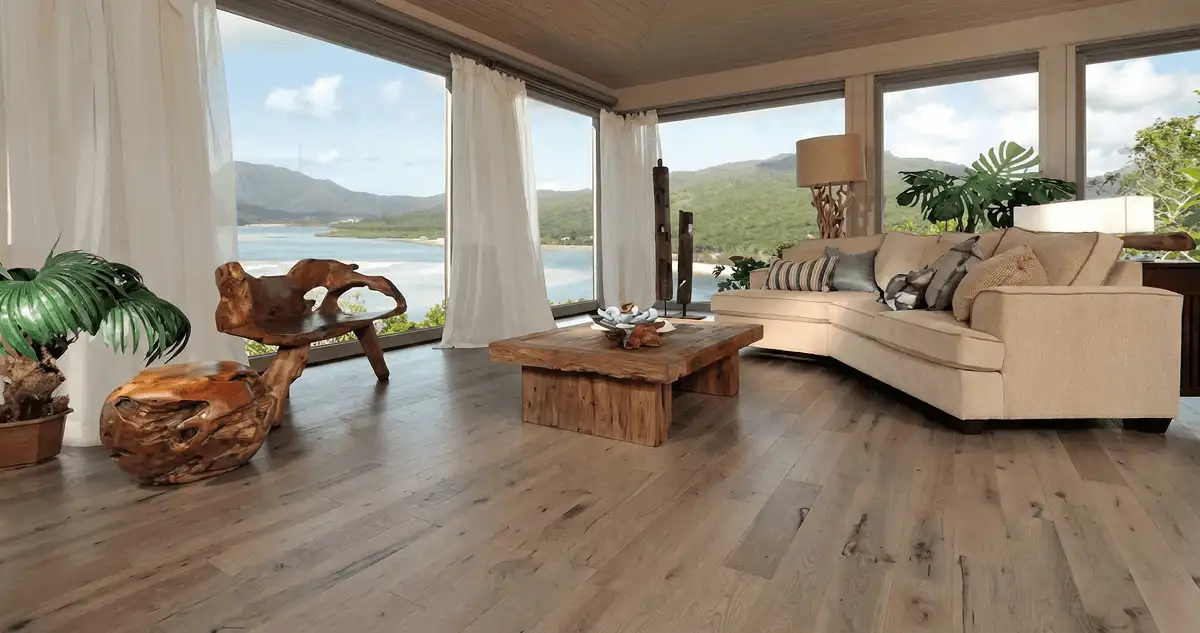 Professionally installed vinyl flooring in a modern living room with large windows in Saint Petersburg, FL